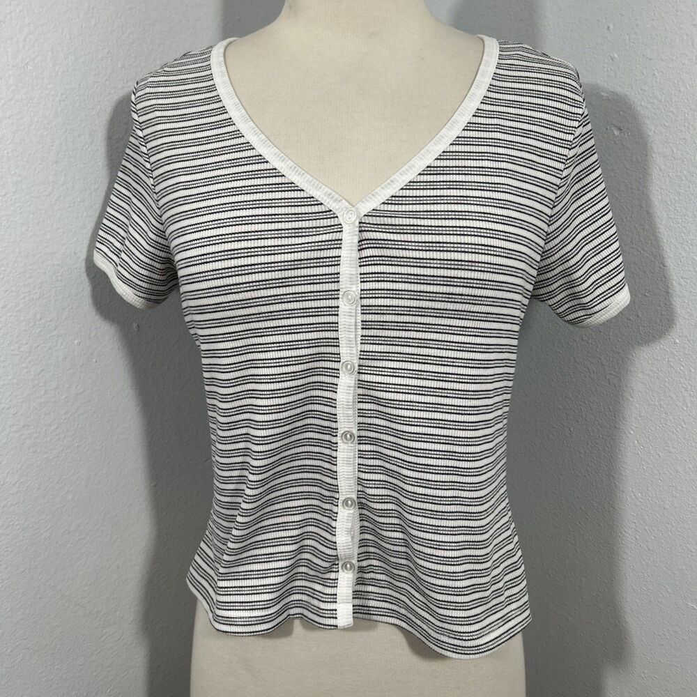 Self E Crop Top Womens Medium Striped Button Up Cropped Ribbed 90s Y2K